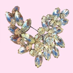 Vintage Silver Leaf Rhinestone Brooch